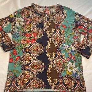 JOHNNY WAS Indi Flower Henley Tee Navy Brown Red Floral 95% Bamboo Boho Fall XS‎